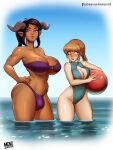  2girls artist_name ball bikini black_hair blue_eyes braid breast_cutout breasts brown_hair bulge dark-skinned_female dark_skin futanari hands_on_hips holding holding_ball horns large_breasts looking_at_penis looking_at_viewer menoziriath multiple_girls navel o-ring o-ring_top one-piece_swimsuit open_mouth original partially_submerged patreon_username pointy_ears ponytail purple_eyes standing strapless strapless_bikini surprised swimsuit symbol-only_commentary teeth tongue twin_braids water watermark 