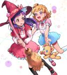  2girls :d :o abstract_background asahina_mirai black_legwear blonde_hair blouse blue_skirt blush bow bowtie braid broom capelet crown_braid hat hat_bow holding holding_broom izayoi_liko kneehighs long_hair looking_at_another magic_school_uniform mahou_girls_precure! mofurun_(mahou_girls_precure!) multiple_girls nervous open_mouth pink_blouse pink_bow pink_bowtie pink_footwear pink_skirt plaid plaid_bow precure purple_eyes purple_hair red_capelet red_eyes school_uniform shoes short_hair skirt smile stuffed_animal stuffed_toy teddy_bear tkai40 white_blouse white_legwear witch_hat 