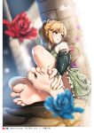  1girl aiba_yumi bangs barefoot blonde_hair blue_flower blurry blurry_foreground blush bridal_gauntlets brown_eyes casino_(casinoep) depth_of_field dress eyebrows_visible_through_hair feet floral_print flower foot_focus foreshortening full_body green_dress green_nails hands_on_feet highres idolmaster idolmaster_cinderella_girls looking_away looking_to_the_side nail_polish non-web_source parted_lips print_dress red_flower short_hair sidelocks sitting sleeveless sleeveless_dress soles solo toes 