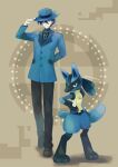  1boy adjusting_clothes adjusting_headwear arm_behind_back artist_name black_pants blue_hair blue_headwear blue_jacket brown_background full_body highres jacket long_sleeves looking_at_viewer lucario male_focus pants pokemon pokemon_(creature) pokemon_(game) pokemon_dppt red_eyes riley_(pokemon) simple_background standing yaguremaru 