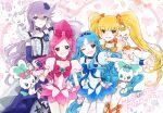  4girls :d ;d bangs black_bow blonde_hair blue_bow blue_choker blue_eyes blue_hair blue_skirt bow brooch center_frills choker chypre_(heartcatch_precure!) coffret_(heartcatch_precure!) cologne_(heartcatch_precure!) copyright_name cowboy_shot creature cure_blossom cure_marine cure_moonlight cure_sunshine earrings elbow_gloves flower flower_earrings frills gloves hair_bow hair_flower hair_ornament hanasaki_tsubomi heart heart_background heart_hair_ornament heartcatch_precure! high_ponytail highres holding_hands jewelry kurumi_erika long_hair looking_at_viewer magical_girl multiple_girls myoudouin_itsuki nekozuka_(duka_nkdk) one_eye_closed open_mouth orange_bow orange_choker parted_bangs petals pink_bow pink_choker pink_eyes pink_hair pink_skirt potpourri_(heartcatch_precure!) precure puffy_sleeves purple_choker purple_flower purple_gloves purple_hair purple_rose ribbon_choker rose single_elbow_glove skirt smile standing swept_bangs thighhighs tsukikage_yuri twintails white_legwear wrist_cuffs yellow_eyes 