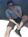  1boy adjusting_sock aomine_daiki black_footwear black_hair black_shorts covering_mouth foot_out_of_frame hand_over_own_mouth highres kuroko_no_basuke male_focus muscular muscular_male one_eye_closed outdoors shirt shoes short_hair short_sleeves shorts sitting sneakers solo sunglasses white_shirt yato_(alphonse59) 