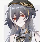  1girl bangs bare_shoulders beret black_hair black_headwear border earrings fu_hua fu_hua_(herrscher_of_sentience) grey_background hair_between_eyes hat highres honkai_(series) honkai_impact_3rd jewelry long_hair looking_at_viewer open_mouth red_eyes san_se_ling_(thelostcity272) simple_background solo teeth white_border 