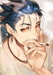  1boy blue_hair bok cigarette cu_chulainn_(fate) cu_chulainn_(fate/stay_night) earrings eyelashes fate/stay_night fate_(series) highres jewelry korean_commentary long_hair male_focus multiple_earrings multiple_piercings necklace ponytail red_eyes slit_pupils smoke smoking solo spiked_hair 