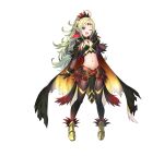  1girl absurdres ahoge alternate_costume bangs belt black_gloves blonde_hair blush cape commentary_request feather_trim feathers fire_emblem fire_emblem_awakening fire_emblem_heroes flat_chest gloves gold_trim gradient gradient_clothes gradient_hair green_hair highres jewelry kousei_horiguchi long_hair looking_at_viewer manakete midriff multicolored_hair multiple_belts navel nowi_(fire_emblem) official_alternate_costume official_art one_eye_closed open_mouth pantyhose parted_bangs pelvic_curtain pointy_ears ponytail purple_eyes simple_background smile stomach tiara tied_hair white_background 