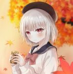  1girl autumn_leaves beret black_headwear black_sailor_collar blurry blurry_background bow can canned_coffee closed_mouth commentary depth_of_field georgia_max_coffee grey_hair hat highres holding holding_can leaf long_sleeves looking_at_viewer maple_leaf original pink_bow puffy_long_sleeves puffy_sleeves red_eyes sailor_collar shirt sirotuki_ito smile solo upper_body white_shirt 