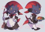  alternate_costume apron black_bow black_dress bow broom commentary_request dress enmaided holding ketchup long_dress looking_at_viewer maid maid_headdress multiple_views no_humans omelet open_mouth plate pokemon pokemon_(creature) red_eyes shoes simple_background smile suurin_(ksyaro) weavile 