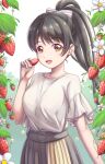  1girl bangs birthday black_hair breasts commentary_request eyebrows_visible_through_hair flower food frilled_sleeves frills fruit garden hair_ribbon hazuki_ren high_ponytail highres long_hair looking_at_viewer love_live! love_live!_superstar!! medium_breasts ponytail ribbon shiny shiny_hair short_sleeves solo strawberry tsukimi_seiya upper_body yellow_eyes 