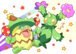  blush claws commentary_request flower full_body happy holding_maracas instrument ludicolo makochan maracas maractus no_humans one_eye_closed open_mouth pink_flower pokemon pokemon_(creature) spikes star_(symbol) yellow_eyes 