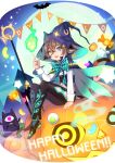  1boy animal_ears aqua_eyes bangs bat belt calico candy capelet cat_ears child crossed_bangs demon_wings eyebrows_visible_through_hair fire food full_body full_moon garcon_meteor hair_between_eyes halloween hat heterochromia highres index_finger_raised long_sleeves mage_staff male_focus moon nekomata one-eyed original pleated_bowtie pumpkin pumpkin_hat_ornament sharp_teeth sitting solo sparkle star_(symbol) teeth wings witch_hat yellow_eyes youkai 