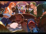  2girls 6+boys :d bangs beer_mug black_hair blue_skin blurry blurry_background blush bottle breasts brook brown_hair cleavage closed_eyes colored_skin cup drinking drooling facial_hair fish_boy franky from_side goatee green_hair grin hat highres holding jimbei long_hair long_sleeves medium_breasts milk monkey_d._luffy mug multiple_boys multiple_girls nami_(one_piece) nico_robin one_piece open_mouth outdoors pectorals qin_(7833198) roronoa_zoro sanji scar scar_across_eye scar_on_chest short_hair skull smile straw_hat_pirates stubble teeth thousand_sunny tony_tony_chopper usopp white_headwear wine_bottle 