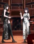  2girls absurdres aiming_at_viewer bangs black_dress black_hair black_legwear blunt_bangs blunt_ends china_dress chinese_clothes commentary dress dual_wielding floral_print gun handgun high_collar highres hime_cut holding holding_gun holding_weapon indoors long_dress long_hair looking_at_viewer luger_p08 m1911 multiple_girls nguyen_tam_lee open_mouth original print_dress short_sleeves side_slit sleeveless sleeveless_dress smile smoke standing straight_hair thighhighs weapon white_dress 