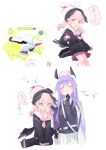  ! 2girls bangs beret black_headwear black_serafuku black_wings blue_archive blush closed_eyes commentary_request feathered_wings gloves hat head_wings headgear headpat highres jacket jacket_on_shoulders koharu_(blue_archive) kyuuri_(miyako) long_hair low_twintails low_wings multiple_girls multiple_views off_shoulder pink_eyes pink_hair pink_skirt purple_hair sailor_collar school_uniform serafuku simple_background skirt smile turret twintails utaha_(blue_archive) white_jacket white_sailor_collar white_skirt wings 