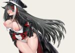  1girl ahegao areolae azur_lane bangs black_hair blue_eyes blush breasts commentary_request deutschland_(azur_lane) fang goggles goggles_on_headwear grey_background hat highres large_breasts leotard leotard_lift lifted_by_self long_hair long_sleeves looking_at_viewer mechanical_hands mechanical_parts multicolored_hair nipples nose_blush open_mouth peaked_cap red_hair simple_background solo streaked_hair sweat takeakigaku tongue tongue_out very_long_hair white_hair white_leotard 