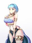  1girl absurdres alternate_costume armlet bangs bare_shoulders belly_chain blue_dress blue_hair blush bracelet braid breasts choker commentary_request cowboy_shot crown_braid dancer dancer_(three_houses) dress earrings eyebrows_visible_through_hair fire_emblem fire_emblem:_three_houses fire_emblem_heroes gradient gradient_background grey_background hand_on_own_chest highres hip_vent jarckius jewelry large_breasts looking_at_viewer marianne_von_edmund official_alternate_costume pelvic_curtain short_hair single-shoulder_dress smile solo standing thighlet thighs underbust white_background yellow_eyes 