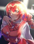  1girl bangs blush bow bowtie braid buttons collared_shirt eyebrows_visible_through_hair highres long_hair long_sleeves looking_at_viewer oiceringi okazaki_yumemi red_bow red_bowtie red_eyes red_hair red_skirt red_vest shirt skirt sparkle touhou touhou_(pc-98) upper_body vest white_shirt 