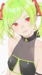  1girl arm_strap asymmetrical_bangs bangs bare_shoulders blunt_bangs close-up closed_mouth clothing_cutout collarbone covered_collarbone delutaya diagonal_bangs earrings eyebrows face green_hair grey_background head_tilt highres indie_virtual_youtuber jewelry looking_at_viewer matayoshi red_eyes short_hair short_twintails signature simple_background sleeveless smile solo triangle_earrings triangle_hair_ornament twintails underboob_cutout upper_body utaite_(singer) 