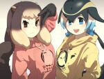  2girls :3 alpine_marmot_(kemono_friends) alternate_costume animal_ears arm_at_side arm_up bangs black_hair blonde_hair blowhole blue_eyes brown_eyes brown_hair casual closed_mouth common_dolphin_(kemono_friends) dolphin_tail drawstring gloves gozouroppu2 gradient gradient_background hair_between_eyes head_fins hood hood_down hoodie kemono_friends long_sleeves looking_at_viewer medium_hair multicolored_hair multiple_girls open_mouth smile tail two-tone_hair upper_body v white_hair 