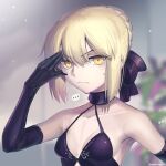  ... 1girl artoria_pendragon_(fate) bangs bare_shoulders black_gloves black_ribbon blonde_hair boa_(brianoa) braid breasts collarbone elbow_gloves fate/grand_order fate/stay_night fate_(series) french_braid gloves hair_bun hair_ribbon highres long_hair looking_at_viewer medium_breasts ribbon saber_alter sidelocks solo spoken_ellipsis yellow_eyes 