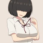  1girl beige_background borrowed_character breasts brown_hair camp_of_hunger cleavage covered_eyes hair_over_eyes large_breasts looking_at_viewer miura_chinami neck_ribbon original ribbon school_uniform smile solo tented_shirt untying 