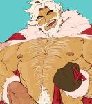  1boy :d abs bara bare_pectorals beard chest_hair cookie_run eggnog_cookie erection facial_hair hairy highres jacket large_pectorals looking_at_viewer male_focus male_pubic_hair mature_male muscular muscular_male navel_hair nipples one_eye_closed open_clothes open_jacket pectorals piikeisandaa pubic_hair santa_costume short_hair smile solo stomach thick_eyebrows uncensored 