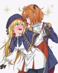  2girls ahoge artoria_pendragon_(caster)_(fate) artoria_pendragon_(fate) black_gloves black_scrunchie blonde_hair blue_cape blush buttons cape capelet double-breasted dress eiki_(eikityou_55) eye_contact eyebrows_visible_through_hair fate/grand_order fate_(series) fujimaru_ritsuka_(female) full-face_blush gloves green_eyes halloween_royalty hand_on_another&#039;s_waist highres holding_hands long_hair looking_at_another looking_to_the_side medium_hair multiple_girls orange_hair pantyhose red_cape scrunchie side_ponytail smile striped sweat sweating_profusely torso_grab two-sided_cape two-sided_fabric vertical_stripes very_long_hair white_dress white_gloves yuri 