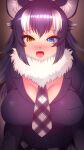  1girl animal_ears black_hair blue_eyes blush breast_pocket breasts eyebrows_visible_through_hair fangs fur_collar grey_wolf_(kemono_friends) heterochromia highres kemono_friends large_breasts looking_at_viewer multicolored_hair necktie open_mouth pocket solo tongue totokichi two-tone_hair white_hair wolf_ears wolf_girl yellow_eyes 