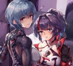  2girls back bangs bare_shoulders between_breasts black_bodysuit black_jacket bodysuit breasts cleavage couch grey_hair honkai_(series) honkai_impact_3rd jacket long_hair microphone mole mole_under_mouth multiple_girls open_clothes open_jacket open_mouth ponytail purple_eyes purple_hair raiden_mei raiden_mei_(shadow_dash) raven_(honkai_impact_3rd) reward_available shirt short_hair white_shirt zombie-andy 