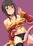  1girl asymmetrical_legwear bandaged_leg bandages bare_shoulders black_hair black_panties breasts breasts_outside chirashi_(so) commentary_request dress eyebrows_visible_through_hair highres kono_subarashii_sekai_ni_shukufuku_wo! md5_mismatch megumin nipples panties partial_commentary purple_background red_dress red_eyes restrained short_hair_with_long_locks simple_background single_thighhigh solo tentacles thighhighs underwear 