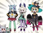  5girls :3 animal_ear_fluff animal_ears black_cat black_dress black_footwear black_gloves blonde_hair blue_hair bow cat chibi cosplay crown dragon_tail dress elbow_gloves elira_pendora eyebrows_visible_through_hair fang finana_ryugu flower fox_ears fox_girl fusion gloves green_hair green_legwear green_skirt grey_hair hair_flower hair_ornament hair_over_one_eye halter_top halterneck hands_on_hips hat hat_bow head_fins head_wings high-waist_skirt long_hair millie_parfait multiple_girls nijisanji nijisanji_en nina_kosaka one_eye_covered open_mouth orange_bow pants pantyhose petra_gurin petra_gurin_(cosplay) pink_footwear pomu_rainpuff pomu_rainpuff_(cosplay) purple_flower purple_pants red_eyes red_flower red_rose red_skirt reimu_endou reimu_endou_(cosplay) rose rosemi_lovelock rosemi_lovelock_(cosplay) selen_tatsuki selen_tatsuki_(cosplay) shoes skin_fang skirt sleeves_past_fingers sleeves_past_wrists smile sneakers sumiya_nadateru tail two-tone_hoodie v-shaped_eyebrows very_long_hair virtual_youtuber white_flower witch_hat 