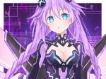 1girl blue_eyes braid breasts cleavage commentary_request expressionless eyebrows_visible_through_hair hair_between_eyes hair_ornament highres kutatsu_(kutatsu7) leotard long_hair looking_at_viewer medium_breasts neptune_(series) partial_commentary power_symbol purple_hair purple_heart solo symbol-shaped_pupils twin_braids upper_body 
