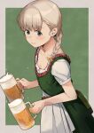  1girl alcohol apron bangs banned_artist barmaid beer beer_mug blonde_hair blouse blue_eyes blunt_bangs cowboy_shot cup dirndl dress flat_chest frilled_dress frills german_clothes green_background green_dress hair_over_shoulder holding holding_cup kantai_collection long_hair makio_(makiomeigenbot) mug official_alternate_costume pinafore_dress puffy_short_sleeves puffy_sleeves shin&#039;you_(kancolle) short_sleeves solo symbol-only_commentary waist_apron waitress white_apron white_blouse 