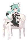  1girl ahoge animal_ears bare_shoulders black_choker black_dress black_ribbon blue_hair blush cat_ears cat_girl cat_tail choker collarbone commentary dress ear_piercing ear_ribbon frilled_dress frilled_straps frills gradient_hair green_hair hair_ornament hair_ribbon highres hololive looking_at_viewer low_twintails medium_hair moizumi_shipon multicolored_hair no_shoes off-shoulder_dress off_shoulder piercing pom_pom_(clothes) pom_pom_hair_ornament red_eyes ribbon see-through_sleeves short_dress short_sleeves short_twintails sitting skull_hair_ornament solo tail tail_ornament tail_ribbon thighhighs twintails uruha_rushia virtual_youtuber white_legwear wristband 