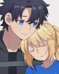  1boy 1girl artoria_pendragon_(caster)_(fate) artoria_pendragon_(fate) arts_shirt bangs black_hair black_shirt blonde_hair blue_eyes blue_shirt blush closed_eyes closed_mouth commentary_request fate/grand_order fate_(series) fujimaru_ritsuka_(male) godeaterlove76 grey_background hair_between_eyes leaning_on_person long_hair looking_at_another open_mouth polar_chaldea_uniform ponytail portrait shirt short_hair sidelocks simple_background sleeping uniform 