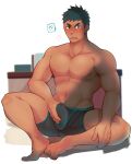  !? 1boy abs bara black_male_underwear blush boxers bulge crotch_grab crow_(siranui) cum cum_in_clothes cum_through_clothes dark-skinned_male dark_skin erection erection_under_clothes full_body highres looking_at_viewer male_focus male_underwear motion_lines muscular muscular_male navel nipples original pectorals precum raised_eyebrow short_hair sideburns sitting solo stomach thighs topless_male underwear 