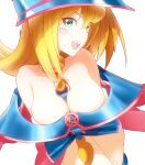  1girl bare_shoulders blonde_hair blush blush_stickers breasts choker cleavage dark_magician_girl duel_monster green_eyes hasai_(mekkan) hat large_breasts long_hair looking_at_viewer open_mouth pentacle simple_background smile solo staff wand white_background wizard_hat yu-gi-oh! 