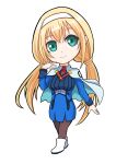  1girl absurdres black_legwear blonde_hair blue_dress capelet chibi dress earrings green_eyes hairband highres jewelry long_hair low_twintails military military_uniform mitsuba_greyvalley pantyhose red_neckwear solo super_robot_wars super_robot_wars_30 tied_hair triangle_earrings troy_(oxaa01ex) twintails uniform white_capelet white_footwear white_hairband 