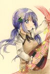  1girl biwa_lute black_neckwear black_ribbon breasts brown_dress closed_mouth commentary_request dress flower hair_flower hair_ornament highres instrument long_hair long_sleeves lute_(instrument) maa_(forsythia1729) music musical_note playing_instrument purple_eyes purple_hair ribbon simple_background small_breasts smile touhou traditional_media tsukumo_benben twintails white_background white_sleeves 