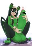  1girl asui_tsuyu black_eyes blush bodysuit boku_no_hero_academia bulge censored erection erection_under_clothes frog_girl ftnranat futanari gigantic_penis gloves goggles goggles_on_head green_bodysuit green_hair hair_between_eyes highres huge_penis huge_testicles large_penis large_testicles long_hair long_tongue looking_at_penis no_pupils penis penis_grab sounding spread_legs tentacles testicles tongue tongue_out urethral_insertion veins veiny_penis very_long_tongue 