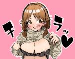  1girl :d blush bra breasts brown_hair cleavage clothes_lift commentary haruka_(haruker_51) heart heart_print highres idolmaster idolmaster_cinderella_girls katagiri_sanae large_breasts lifted_by_self looking_away midriff nail_polish outline pink_background print_bra simple_background smile solo striped striped_sweater sweater sweater_lift tied_hair twintails underwear upper_body v-shaped_eyebrows vertical_stripes 