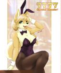  1girl :3 absurdres ahoge animal_ears animal_nose arm_up artist_name bangs black_hairband black_legwear blonde_hair body_fur bow bowtie braid breasts cleavage commentary covered_navel detached_collar english_text eyebrows_visible_through_hair fake_animal_ears fox_ears fox_girl fox_tail furry furry_female green_eyes hair_bow hairband happy highres large_breasts leg_up leotard long_hair looking_to_the_side milestone_celebration open_mouth original pantyhose playboy_bunny purple_bow purple_bowtie purple_leotard rabbit_ears shiny shiny_hair sidelocks signature sitting smile snout solo strapless strapless_leotard tail thighband_pantyhose tied_hair treyer two-tone_fur white_bow wide_hips wrist_cuffs yellow_fur 