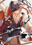  1boy absurdres black_pants boots chest_belt emiya_shirou fate/grand_order fate_(series) hair_over_one_eye hat highres kamigokuin looking_at_viewer male_focus official_alternate_costume one_eye_covered open_mouth pants pectoral_cleavage pectorals pirate pirate_costume pirate_hat red_hair senji_muramasa_(fate) shirt short_hair smile solo white_background white_shirt wide_sleeves yellow_eyes 