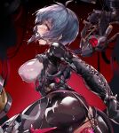  1girl anal ass back ball_gag bangs bdsm bondage bound breasts dildo gag grey_hair honkai_(series) honkai_impact_3rd large_breasts long_sleeves looking_at_viewer looking_back machine monoglove raven_(honkai_impact_3rd) red_background red_eyes reward_available saliva sex_toy short_hair solo sweat zombie-andy 