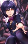  1girl bangs black_jacket black_legwear blue_hair blurry blurry_background bob_cut bookshelf bow bowtie closed_mouth collared_shirt dress_shirt eyebrows_visible_through_hair hair_between_eyes jacket long_sleeves nijisanji pantyhose purple_bow purple_bowtie r1n54234459 school_uniform shiny shiny_hair shirt shizuka_rin short_hair sitting smile solo sweater virtual_youtuber white_shirt wing_collar yellow_eyes yellow_sweater 