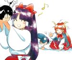  1boy 2girls blue_headwear blush bow bowtie closed_eyes crossed_bandaids hakama hakama_skirt hakurei_reimu hakurei_reimu_(pc-98) hat horns japanese_clothes kaigen_1025 kimono long_hair miko multiple_girls orb purple_hair red_bow red_bowtie red_hair red_hakama red_skirt shingyoku_(male) shingyoku_(touhou) simple_background skirt sweatdrop tate_eboshi touhou touhou_(pc-98) white_background white_kimono wide_sleeves yin_yang yin_yang_orb 