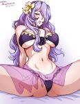 1girl alternate_costume arm_support arms_behind_back artist_name bangs bare_shoulders bed_sheet bikini bikini_bottom bikini_top breasts camilla_(fire_emblem) cleavage collarbone dated fire_emblem fire_emblem_fates fire_emblem_heroes flower hair_flower hair_ornament large_breasts long_hair looking_at_viewer mina_cream navel official_alternate_costume purple_bikini purple_hair purple_swimsuit red_eyes sarong see-through see-through_skirt simple_background skirt solo spread_legs stomach swimsuit underboob white_background 