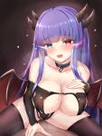  1boy 1girl absurdres azur_lane bangs bare_shoulders black_legwear blue_eyes blue_hair blush breasts cleavage collarbone commentary_request demon_girl demon_wings detached_sleeves eyebrows_visible_through_hair girl_on_top habu_rin heart heterochromia highres horns ibuki_(azur_lane) large_breasts long_hair long_sleeves looking_at_viewer multiple_horns open_mouth red_eyes smile solo_focus thighhighs thighs wings 