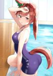  1girl animal_ears arm_up ass bangs bare_arms bare_shoulders barefoot blurry blurry_background blush breasts brown_eyes brown_hair commentary_request dated depth_of_field eyebrows_visible_through_hair from_side highres hirota_fruit horse_ears horse_girl horse_tail looking_at_viewer looking_to_the_side medium_breasts multicolored_hair nice_nature_(umamusume) one-piece_swimsuit parted_lips pool poolside purple_swimsuit soles solo streaked_hair swimsuit tail twintails twitter_username umamusume wet wet_hair 