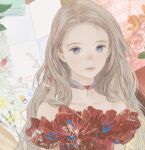  1girl bare_shoulders blue_eyes branch choker closed_mouth collarbone face flower food frills fruit grey_hair hair_behind_ear heart highres leaf lemon lemon_slice light_brown_hair light_smile long_hair looking_at_viewer matayoshi no_lineart off_shoulder original paper parted_hair pink_flower pink_rose plaid red_choker rose short_sleeves solo upper_body wavy_hair 