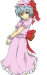  1girl ake_(akemeno) bad_anatomy blue_hair commentary_request earrings hat highres jewelry red_eyes remilia_scarlet ribbon short_hair simple_background solo stud_earrings touhou white_background wrist_cuffs 